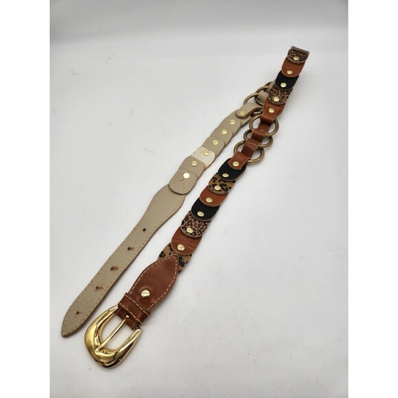 Leopard Cheetah Animal Print Gold Studded Leather Belt Womens M 32" to 37" - Picture 5 of 8